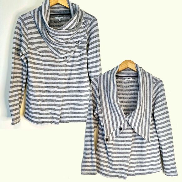 Maurices Sweater Gray Stripe Womens Large Cowl Neck Snap Button Versatile - Picture 1 of 12